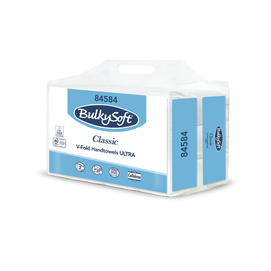 Handtücher Bulkysoft Classic, V-Falz weiss, 2-lagig 24x21cm, Easybag Zellstoff,Mikropräg.-3000 Stück