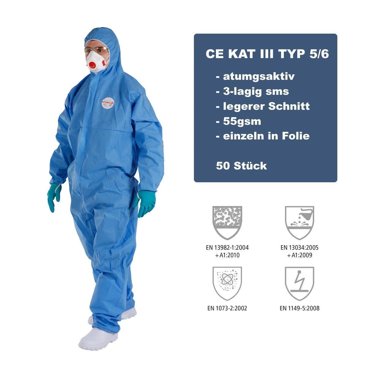 50 Schutzoveralls CE Kat III Typ 5&6 blau Gr. XXXL