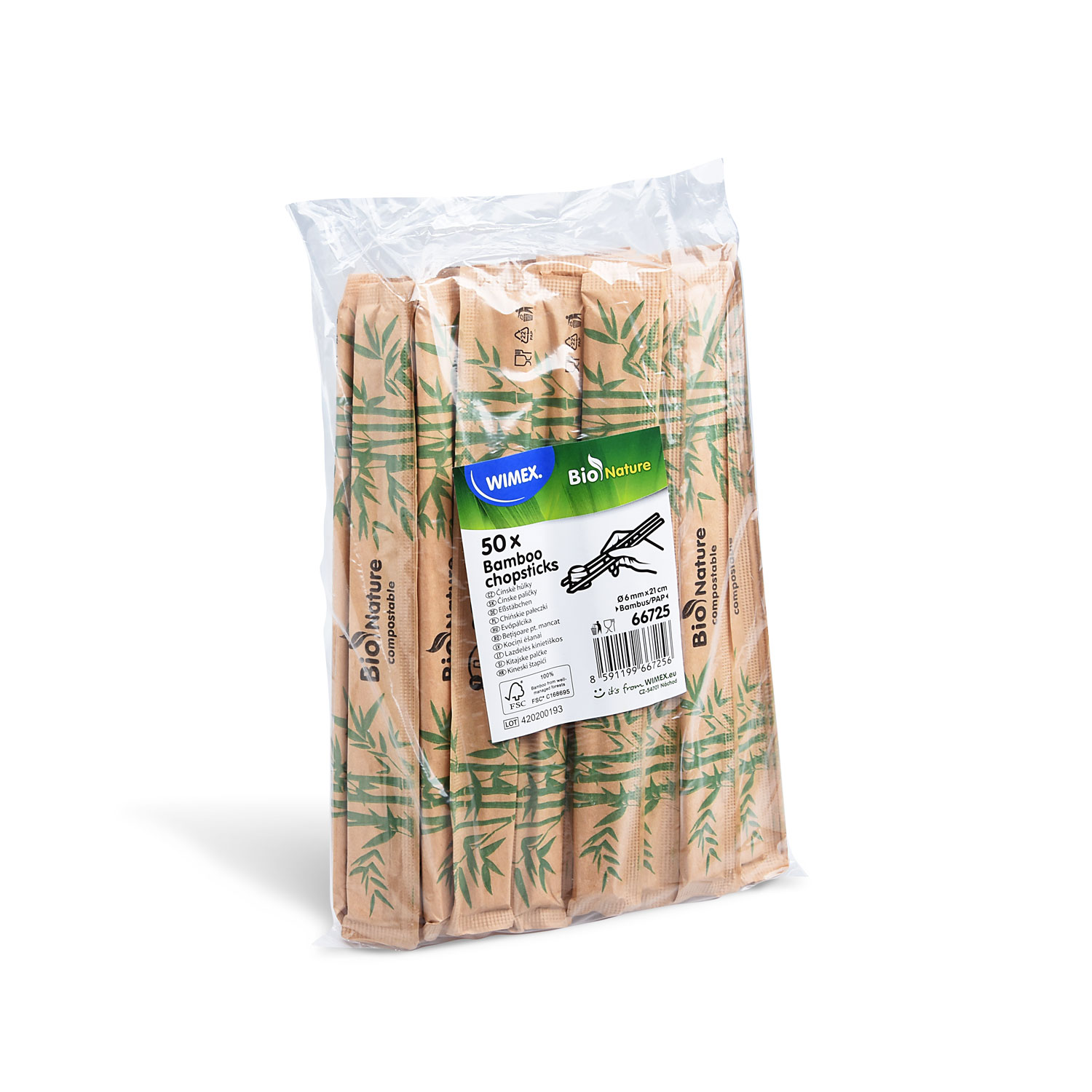 Eßstäbchen aus Bambus (FSC 100%) 6mm x 21cm paarweise verpackt - 50 Stück