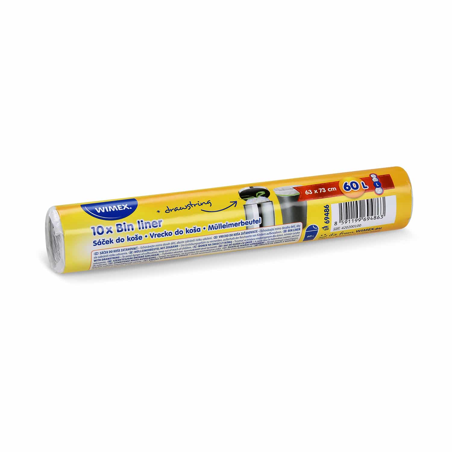 Mülleimerbeutel HDPE mit Zugband weiss 63 x 73 cm 60 l für Alltag und Entsorgung, Packung mit 10 Stück