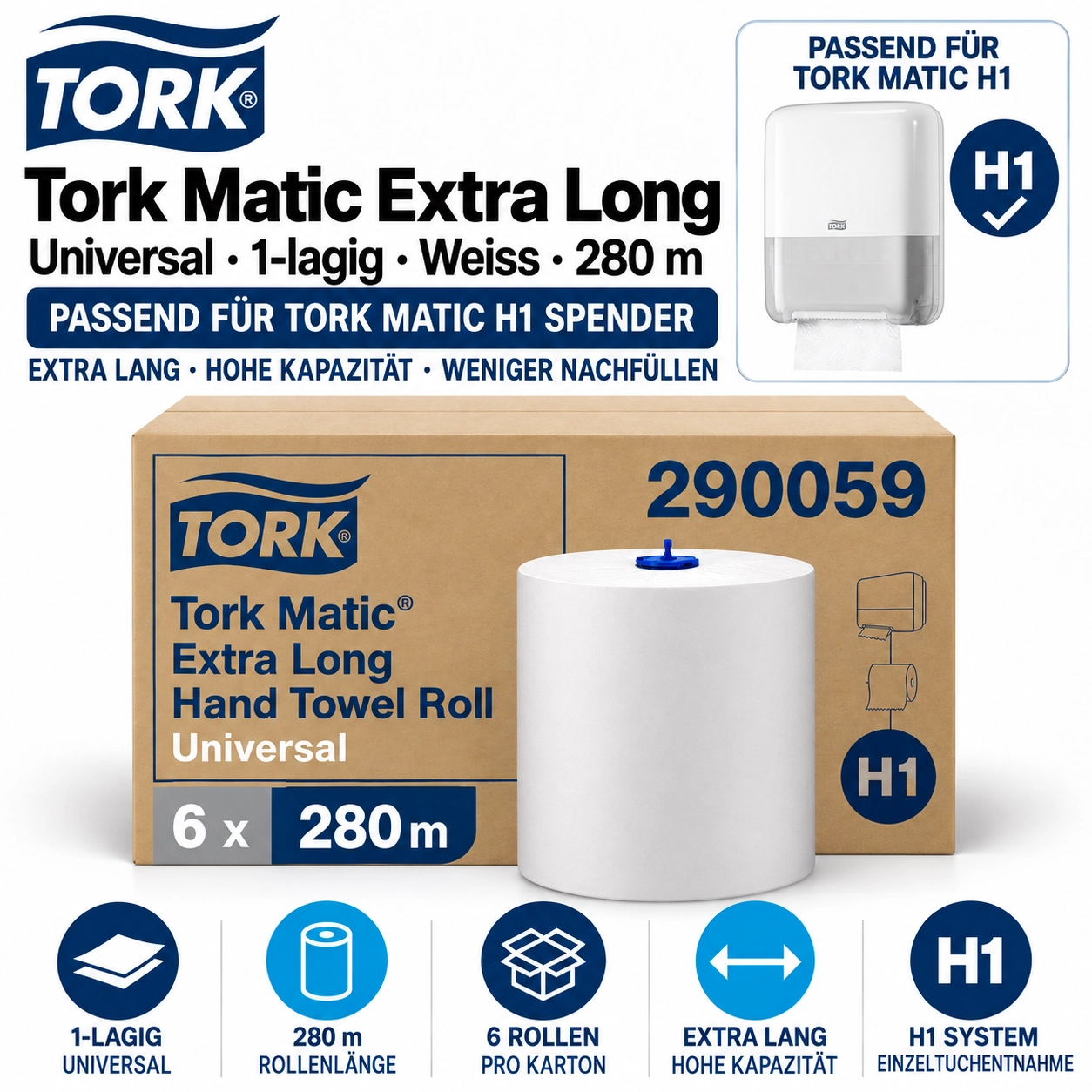 Tork 290059 Matic extra-langes Rollenhandtuch H1 Universal weiss – Karton à 6 Rollen