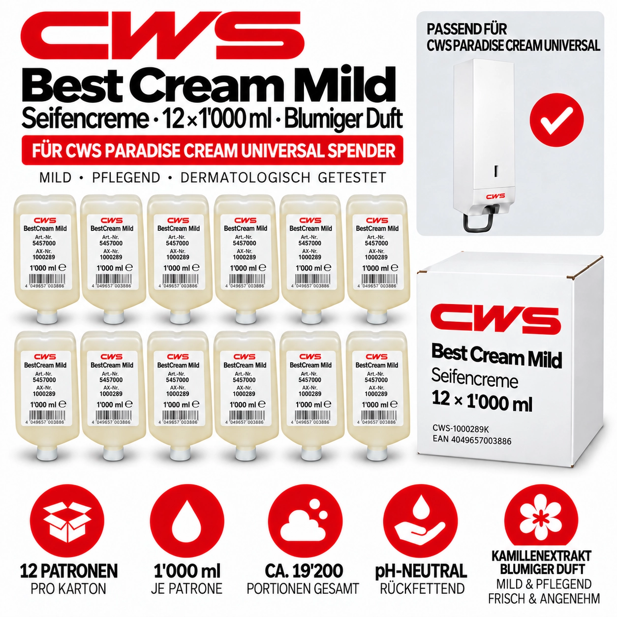 CWS Seifencreme Best Mild 1000 ml - Karton à 12 Kartuschen