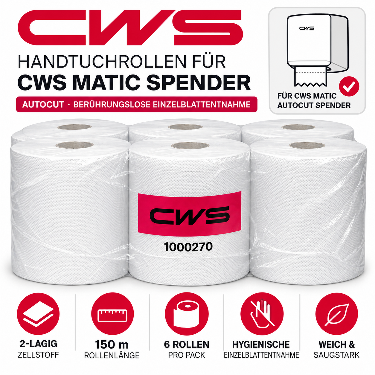 CWS Rollenpapier 2-lagig Zellstoff 150m (ehem. 1681217) - Pack à 6 Rollen