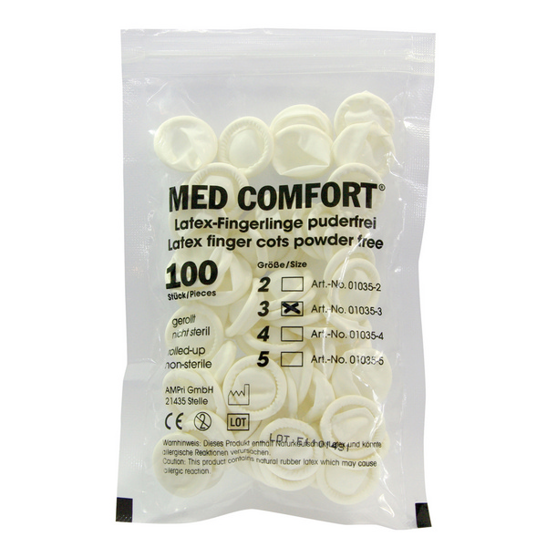 Med Comfort Fingerlinge Latex, weiss, puderfrei, unsteril, Gr. 3/M 100 Stück