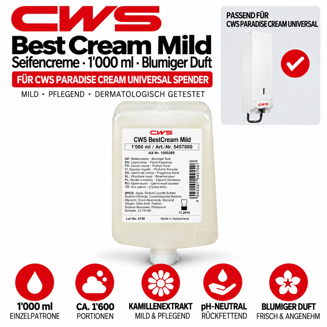 CWS Seifencreme Best Mild 1000 ml Kartusche
