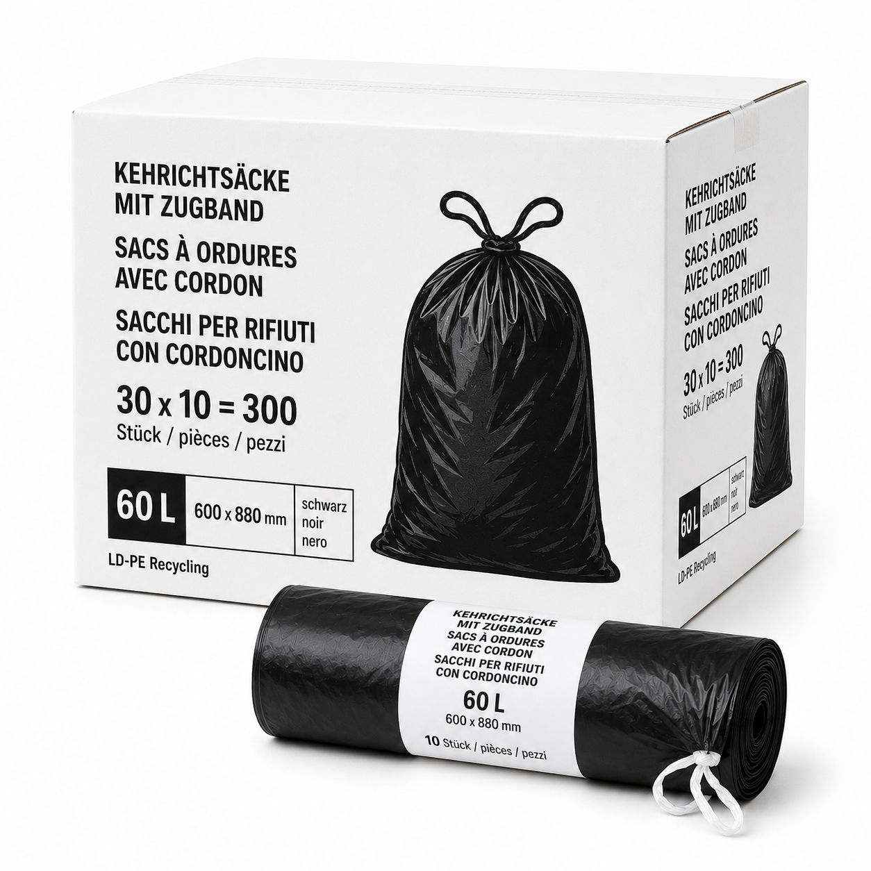 300x Kehrichtsäcke mit Zugband 60 Liter schwarz