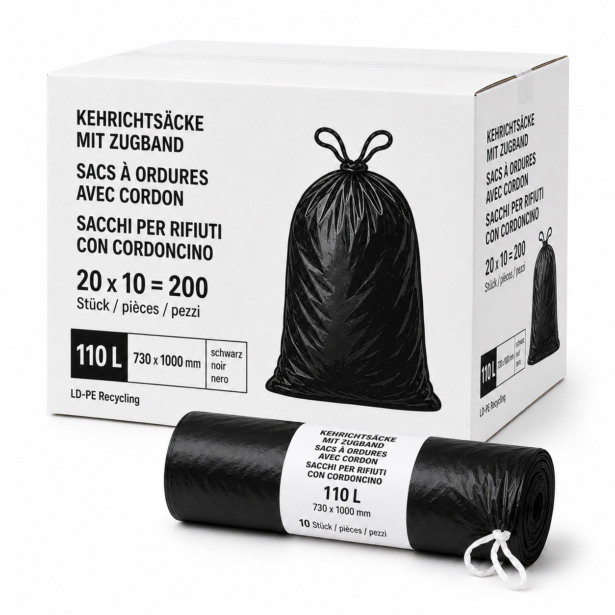 200 Kehrichtsäcke mit Zugband 110 L schwarz - Karton