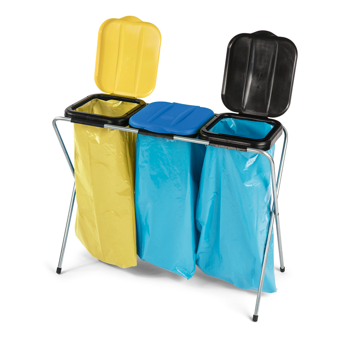 Müllsackständer 3-fach Metallbeine, Deckel gelb,blau,schwarz
